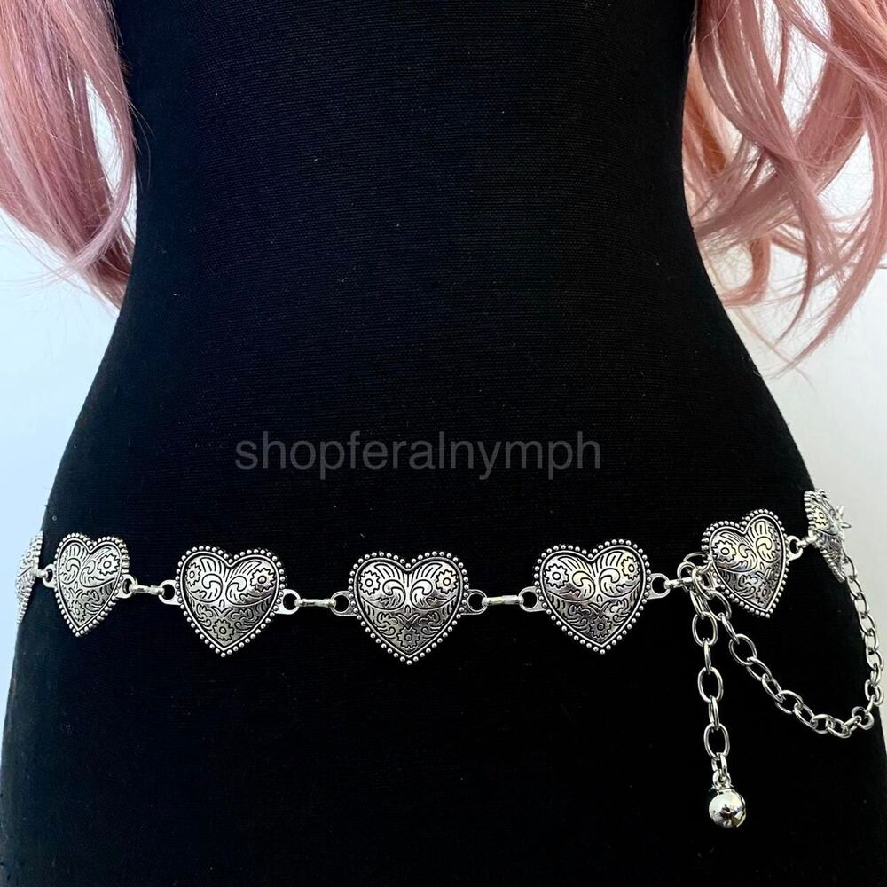 Silver Y2K Western Heart Concho Waist Chain Belt, Fits 23 to 41 Inches, X7GA1444